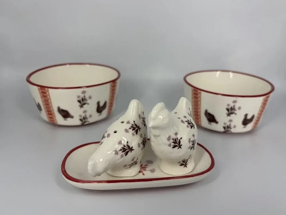 Anthropologie Millie Stoneware Salt & Pepper Shaker and Set Of Two Ramekins